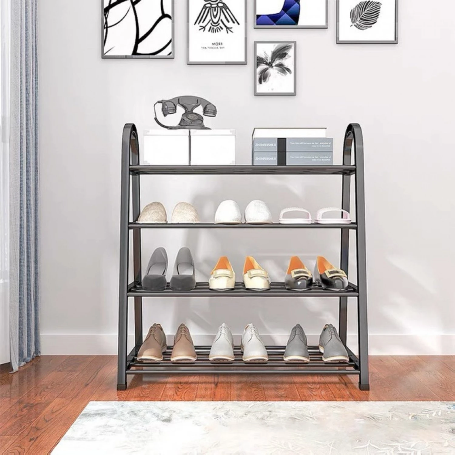 U Shaped Shoes Rack 4 Tiers Black