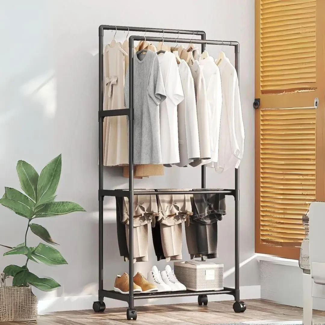 Double Multifunctional Metal Clothes Rack with Two Storage Shelves