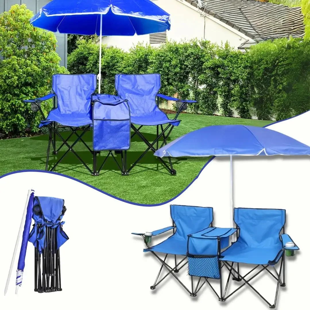 Portable Folding Double Outdoor Chair With Umbrella Double Folding