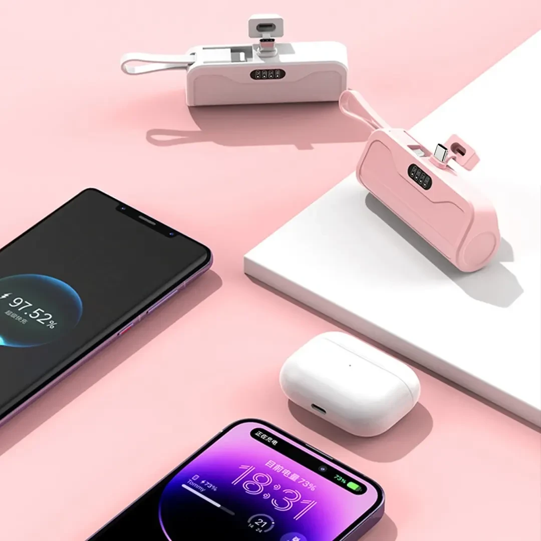 Portable Power Bank 5000mAh Charger Built In Cable Mini Powerbank Cute