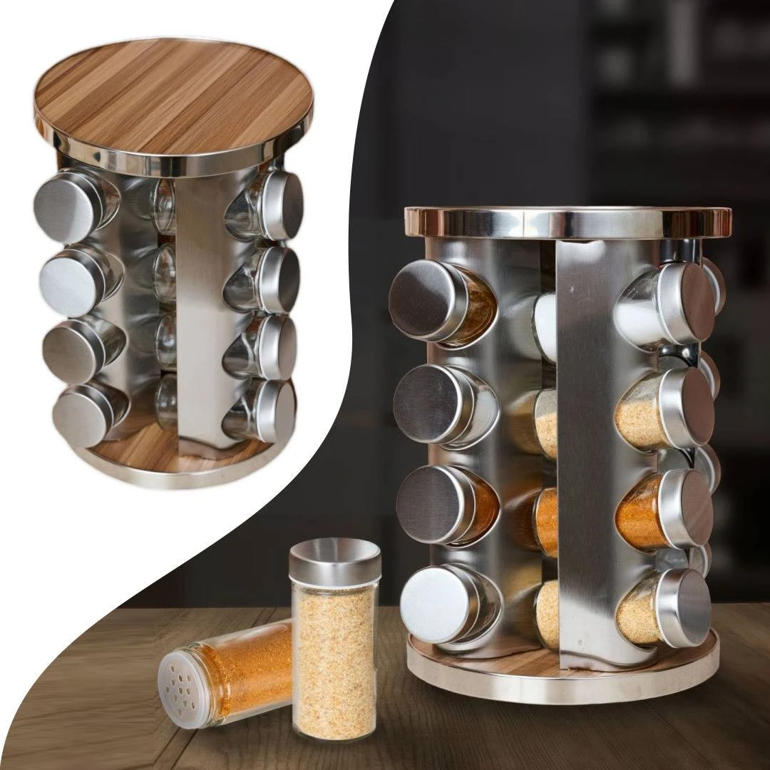 HOME Kitchen Kitchen Organization Rotating Spice Rack With 16 Jars with Wooden Design