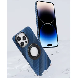 ROCKET Carbon Fiber MagSafe Protective Case with Magnetic Suction Holder - Dark blue - iPhone 14 Pro