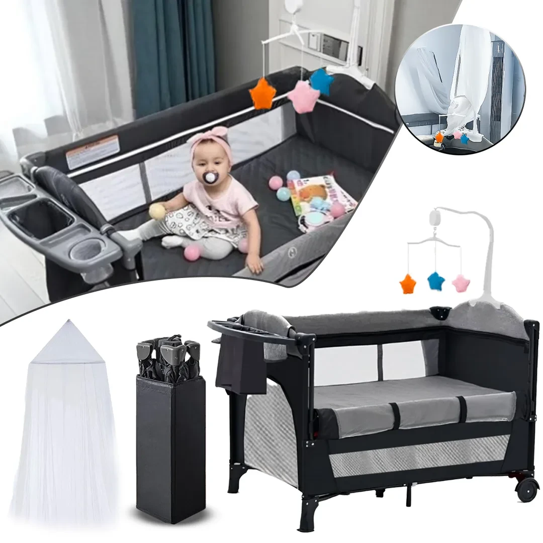 Foldable Baby Bed with Mosquito Net and Detachable Toy Ring