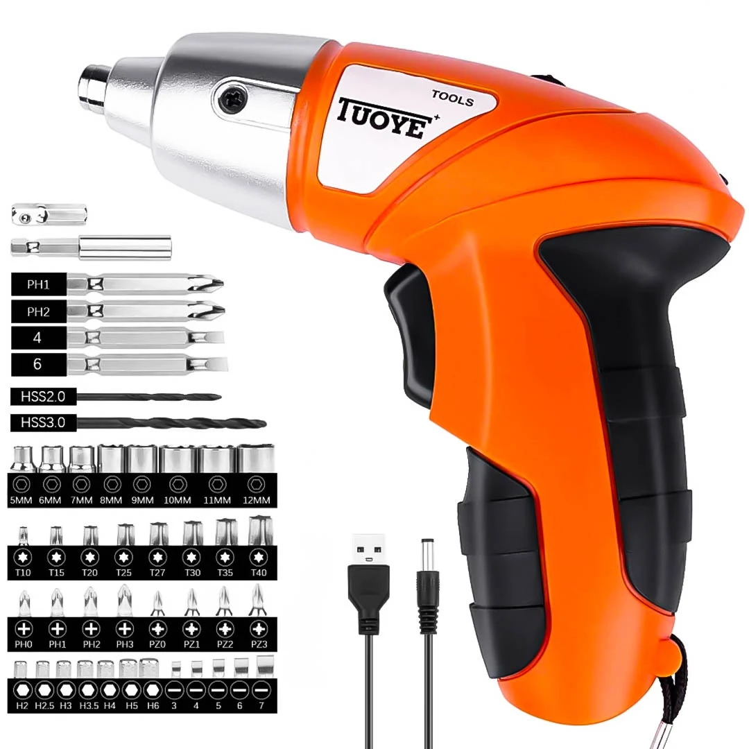 TUOYE Tools Cordless Rechargeable Handy Drill Screwdriver 45 pcs with Bits Holder