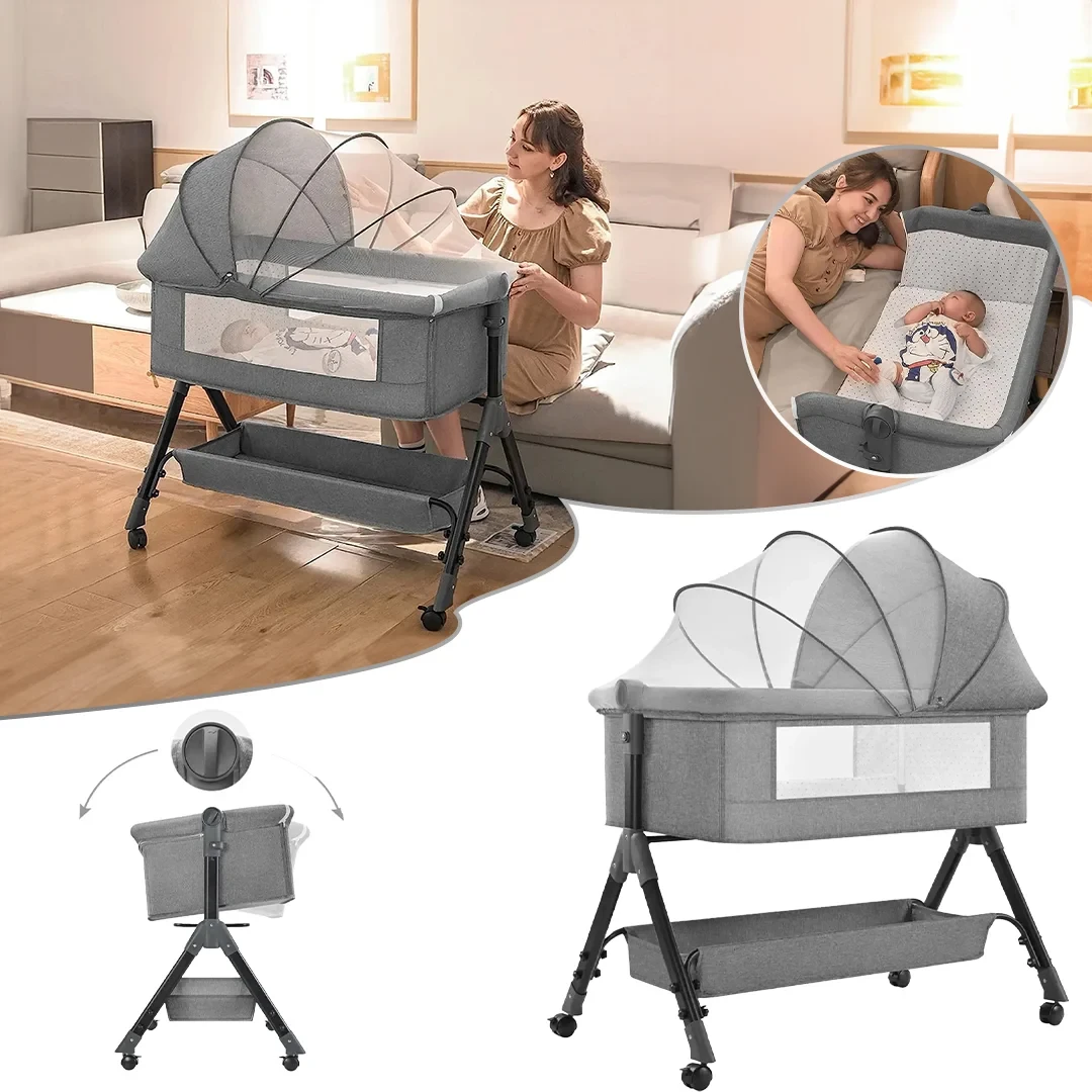 Foldable Baby Bed with Adjustable Height and Swinging Seat