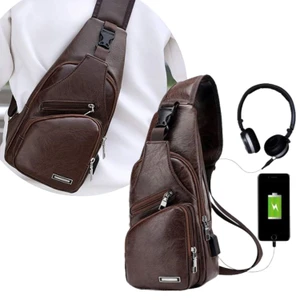 Leather Sling Bag with USB port - Brown