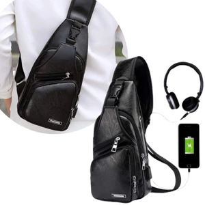 Leather Sling Bag with USB port - Black